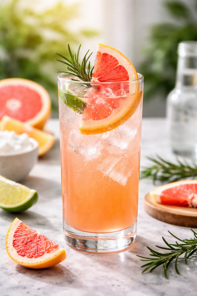 Ein Glas des Grapefruit Gin Fizz Botanicals Cocktail.