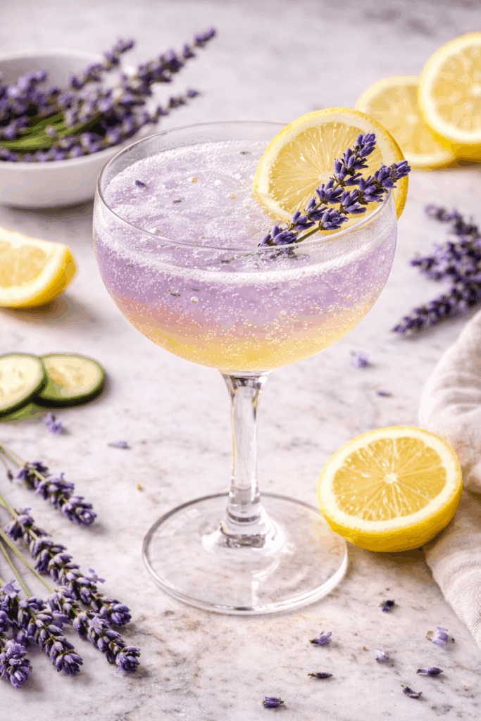 Ein Glas des Lavender Lemon Fizz Frühlingscocktails.