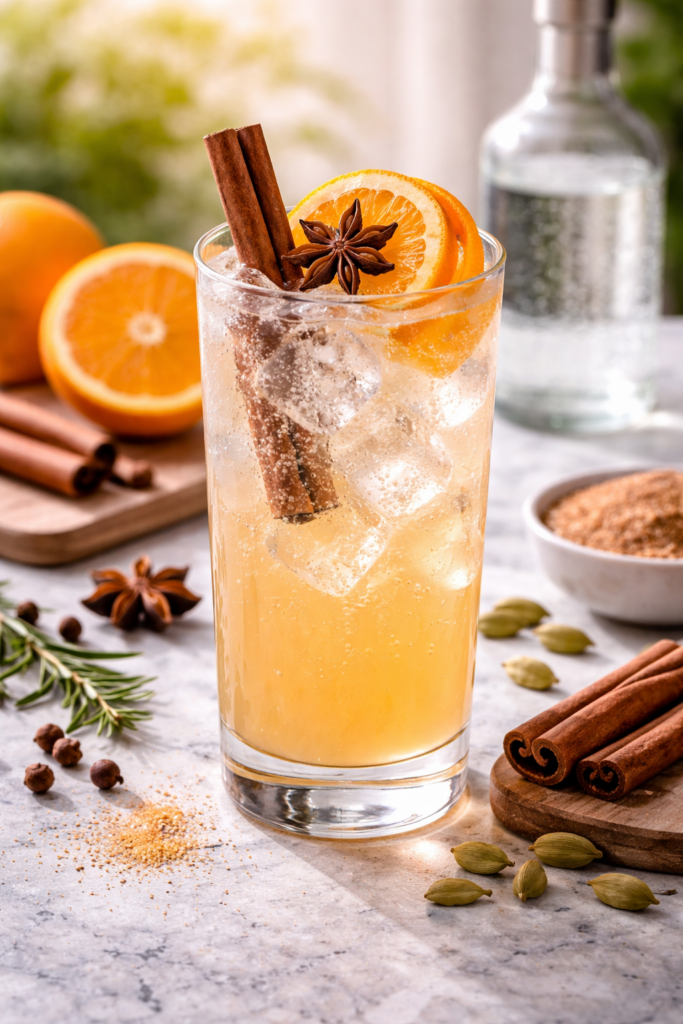 Ein Glas des Oriental Spice Gin Fizz Cocktail.