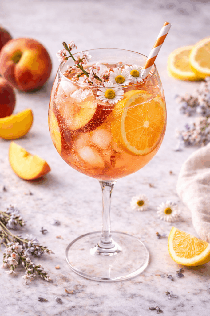 Ein Glas des Peach Spring Spritz Cocktails.