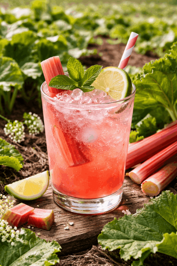 Ein Glas des Rhabarber Fizz Frühlingscocktails.