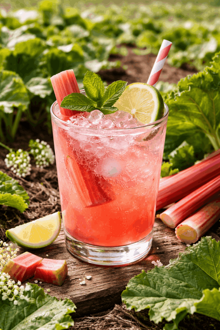 Ein Glas des Rhabarber Fizz Frühlingscocktails.