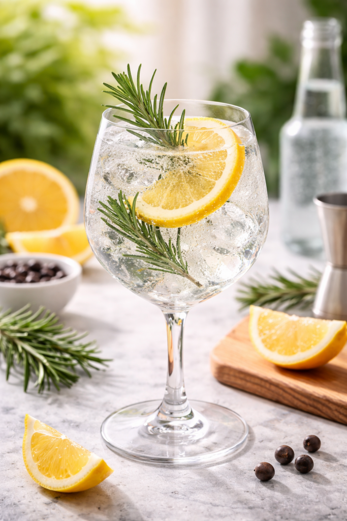 Ein Glas des Rosemary Gin Tonic.