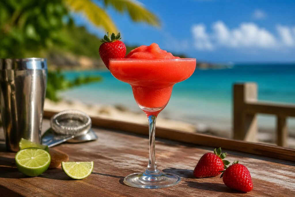 Ein Glas Erdbeer Daiquiri am Strand.