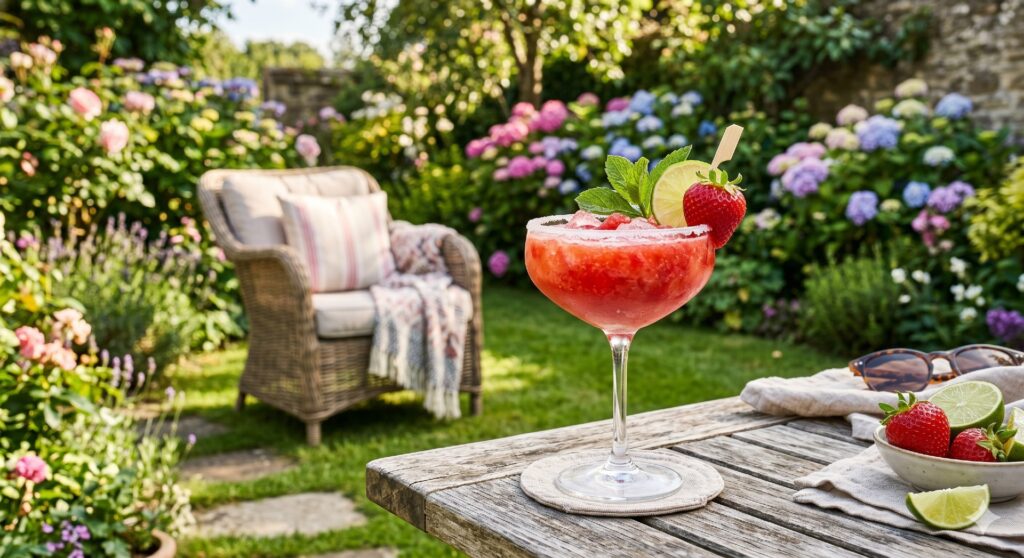 Ein Glas Erdbeer Daiquiri steht im Garten.