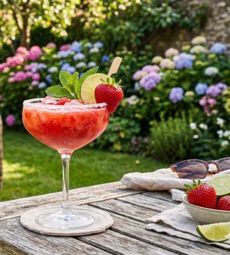 Ein Glas Erdbeer Daiquiri steht im Garten.