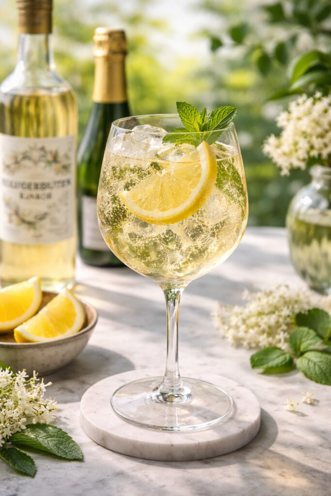 Ein Glas des Frühlings-Aperitifs "Holunderblüten Spritz".