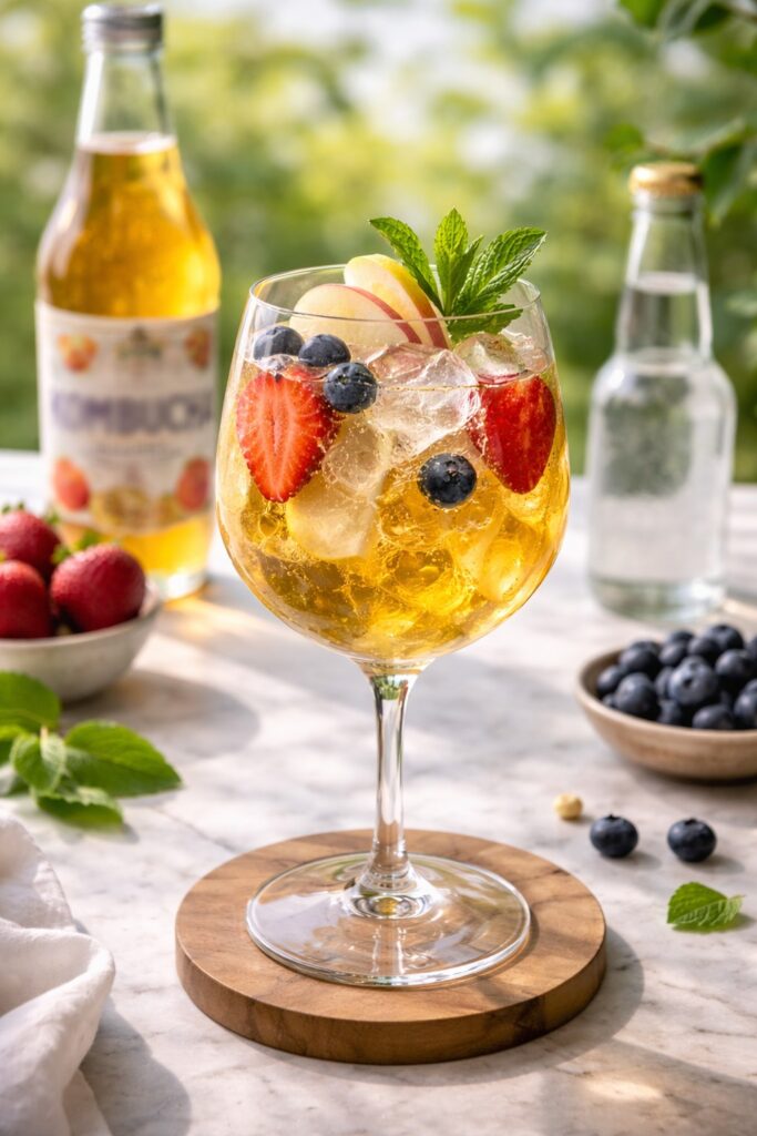 Ein Glas des Frühlings-Aperitifs "Kombucha Fizz".