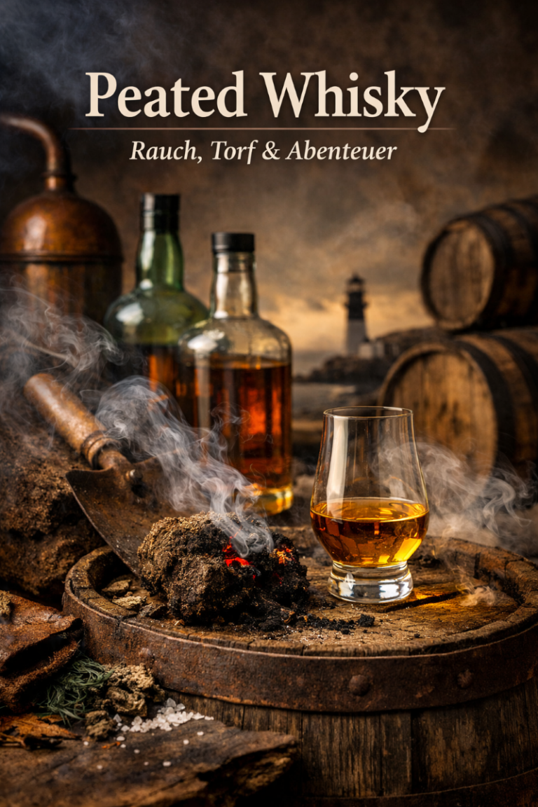 Ein Glas Peated Whisky steht auf einem Whiskyfass.