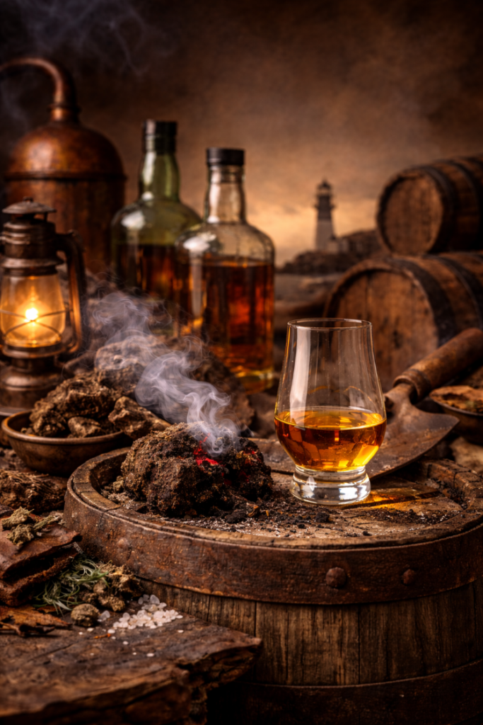 Ein Glas peated Whisky steht auf einem Fass.