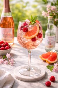 Ein Glas des alkoholfreien Frühlings-Aperitifs "Spring Fling Fizz".