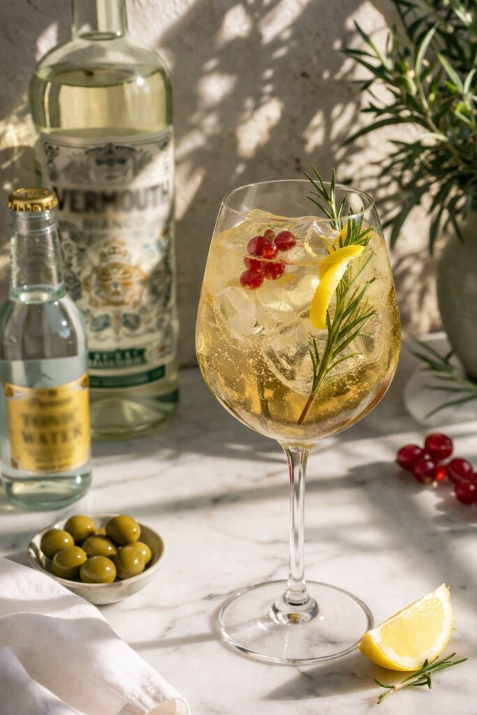 Ein Glas des Frühlings-Aperitifs "Vermouth & Tonic".