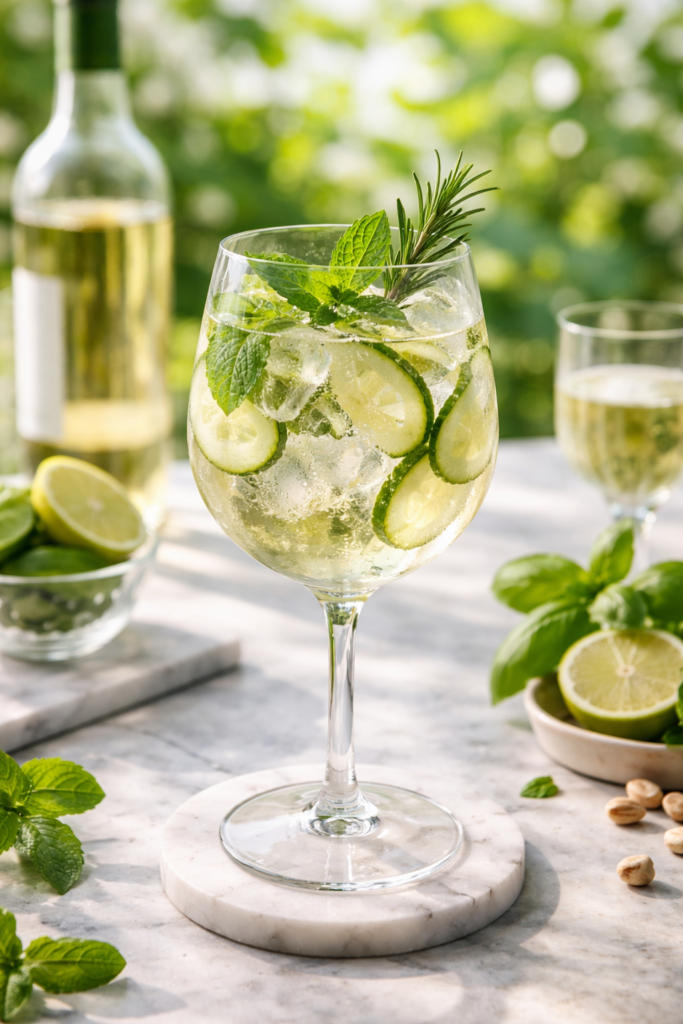 Ein Glas des Frühlings-Aperitifs "Weißwein Spritz mit Kräutern".