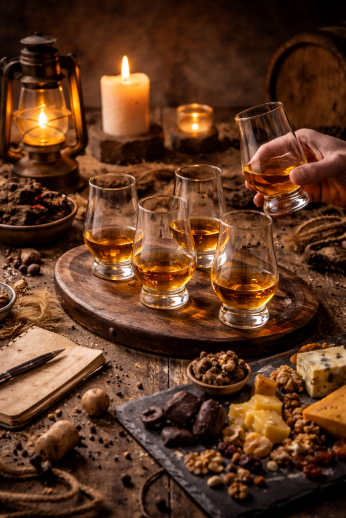 Verschiedene Whiskygläser für eine Whiskyverkostung.