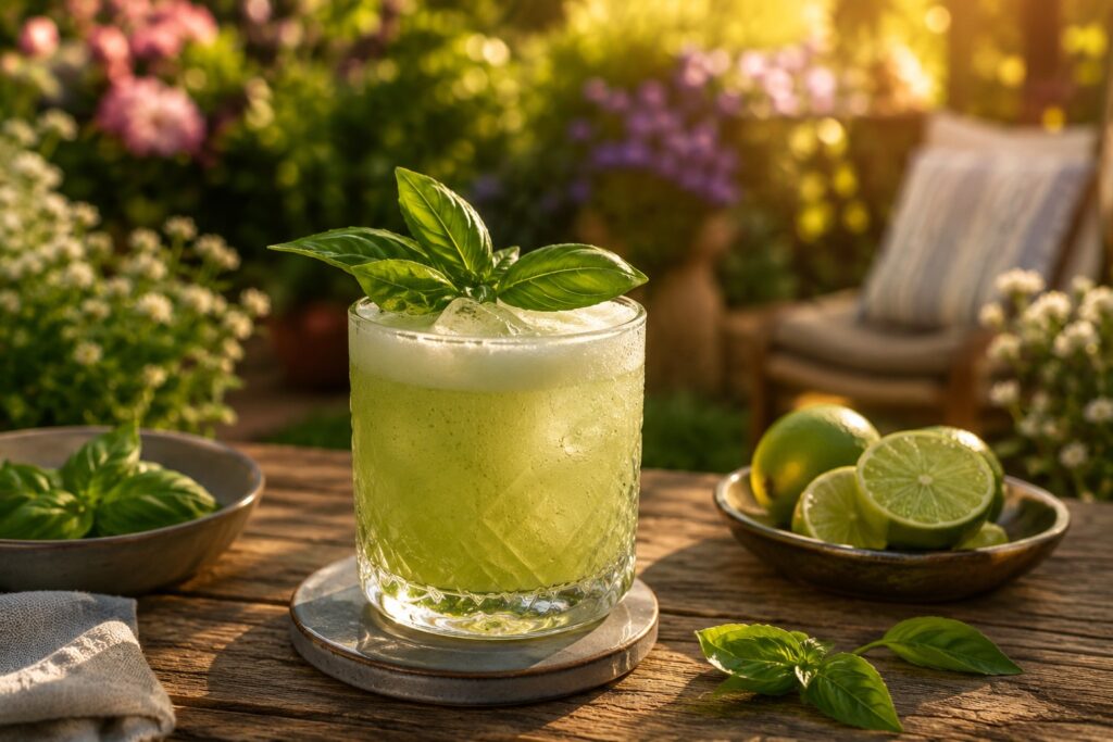 Salat im Glas? Warum herzhafte Cocktails der ultimative Grill-Begleiter 2026 sind 2 Ein Glas des herzhaften Cocktails: Basilikum Mezcal Sour.