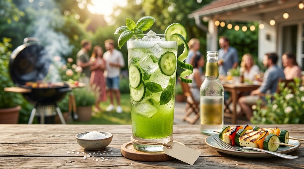 Salat im Glas? Warum herzhafte Cocktails der ultimative Grill-Begleiter 2026 sind 6 Ein Glas des Cucumber Basil Cooler (alkoholfrei) auf einer Gartenparty.