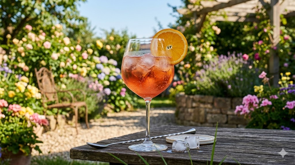 Ein Glas des Einfachen Spritz mit Orangensirup.