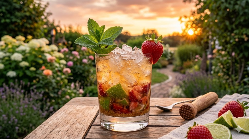 Ipanema Cocktail - Der alkoholfreie Sommerdrink mit brasilianischem Flair 3 Ein Glas des Erdbeer Ipanema steht in einem sommerlichen Garten bei Sonnenuntergang.