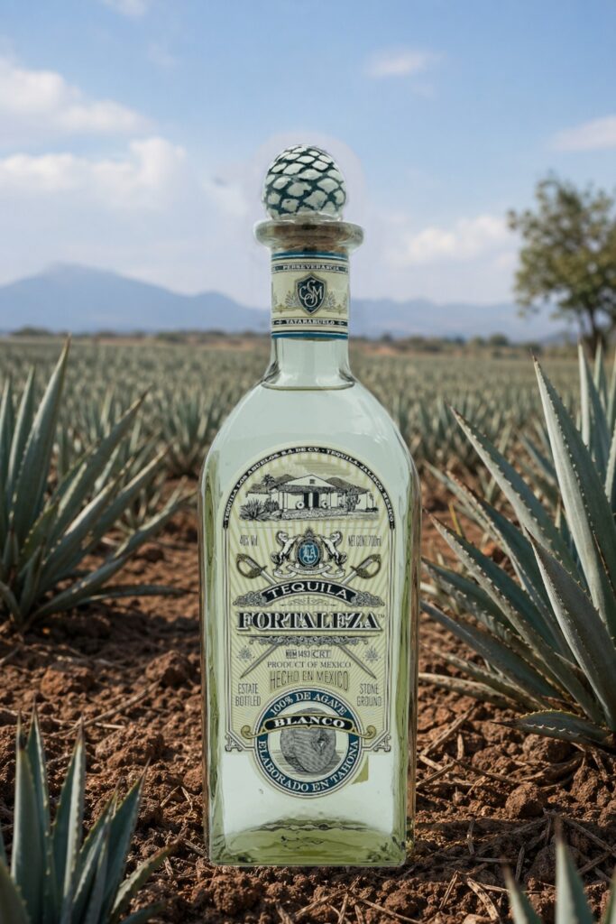 Eine Flasche Fortaleza Tequila steht in einem Agavenfeld.
