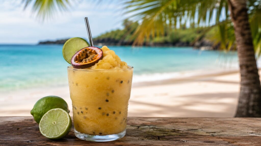 Ipanema Cocktail - Der alkoholfreie Sommerdrink mit brasilianischem Flair 5 Ein Glas Frozen Ipanema steht am Strand.