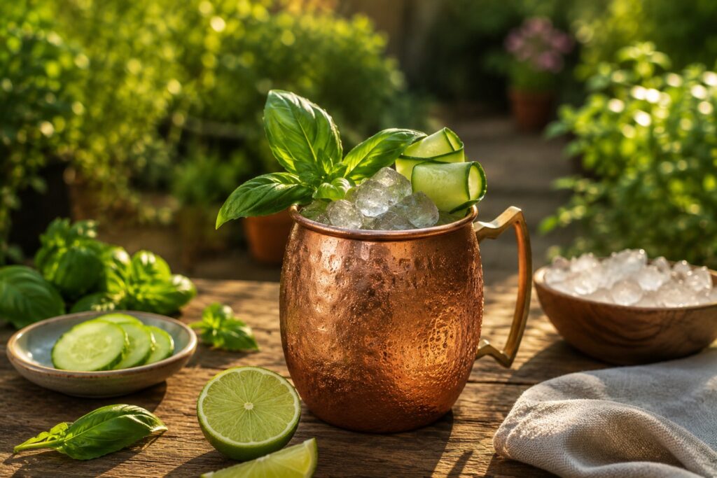 Salat im Glas? Warum herzhafte Cocktails der ultimative Grill-Begleiter 2026 sind 5 Ein Glas des herzhaften Green Garden Mule Cocktails.