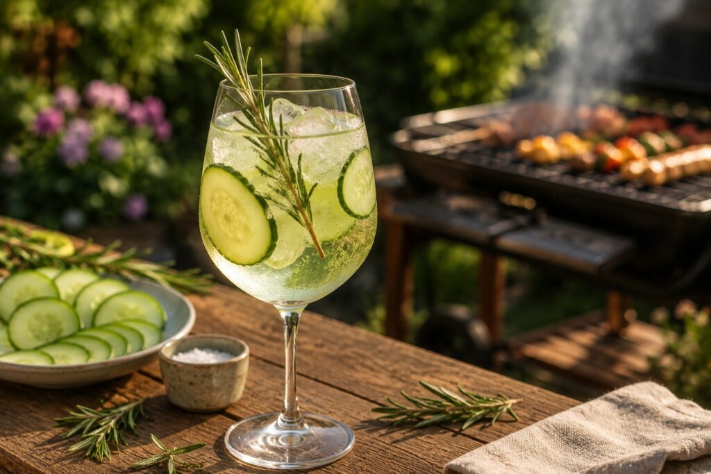 Salat im Glas? Warum herzhafte Cocktails der ultimative Grill-Begleiter 2026 sind 3 Ein Glas des herzhaften Cocktails: Gurken Rosmarin Spritz