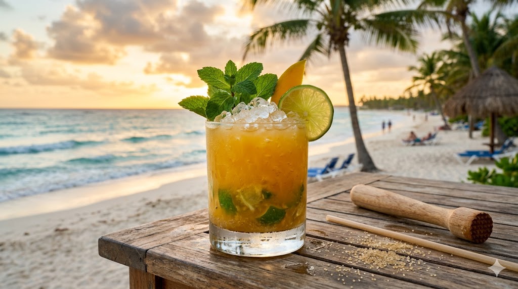 Ipanema Cocktail - Der alkoholfreie Sommerdrink mit brasilianischem Flair 4 Ein Glas des Mango Ipanema Cocktail steht am Strand.
