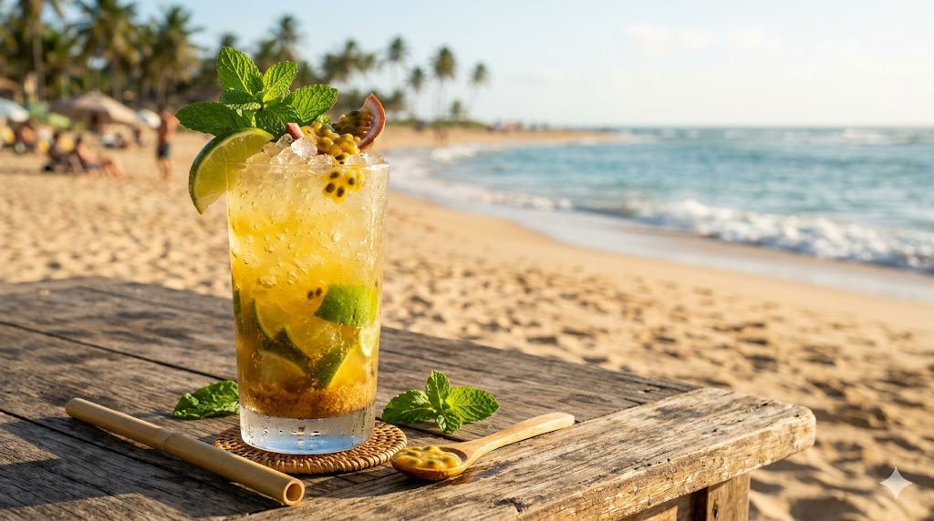 Ipanema Cocktail - Der alkoholfreie Sommerdrink mit brasilianischem Flair 2 Ein Maracuja Ipanema steht am Strand.