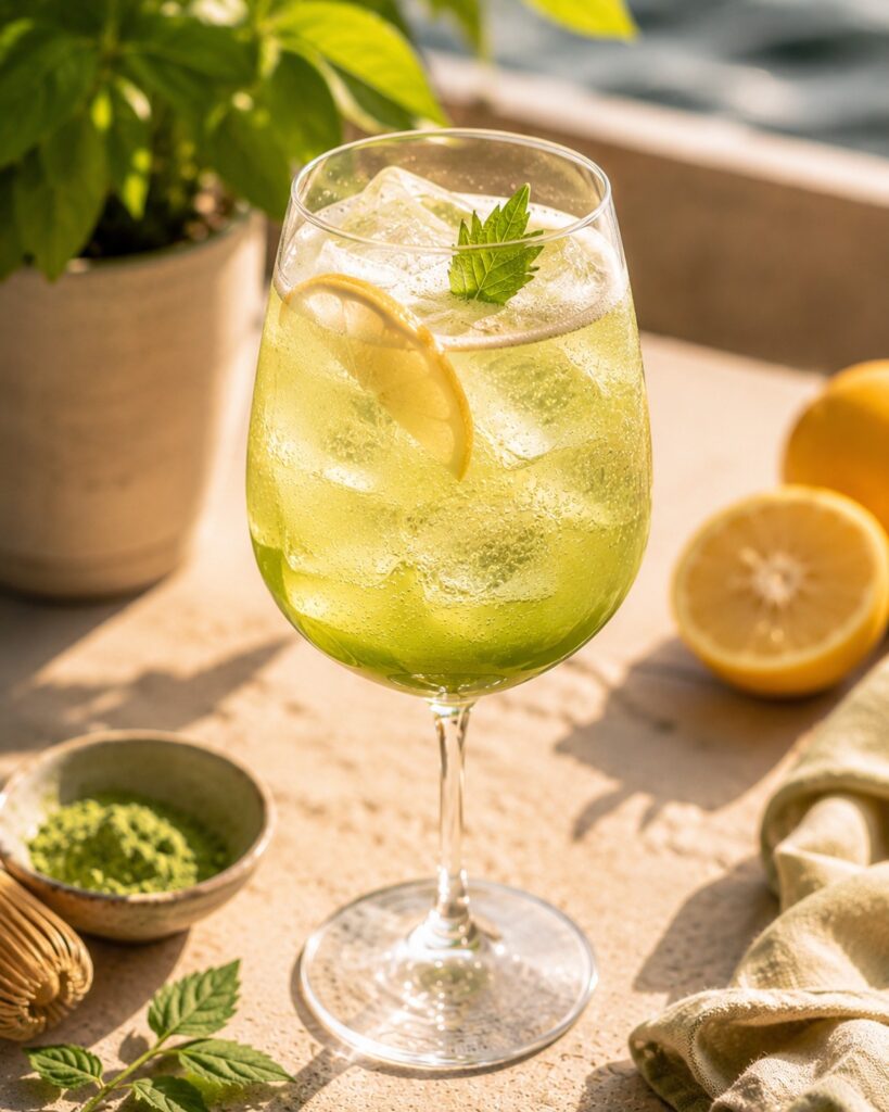 Beyond Aperol: Die neuen Spritz-Trends 2026 7 Ein Glas des Matcha Yuzu Spritz (Spritz-Trends 2026) steht auf einem Tisch.