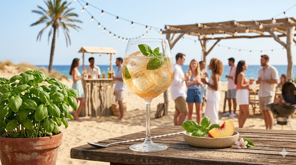 Ein Glas des Pfirsich Basilikum Spritz.