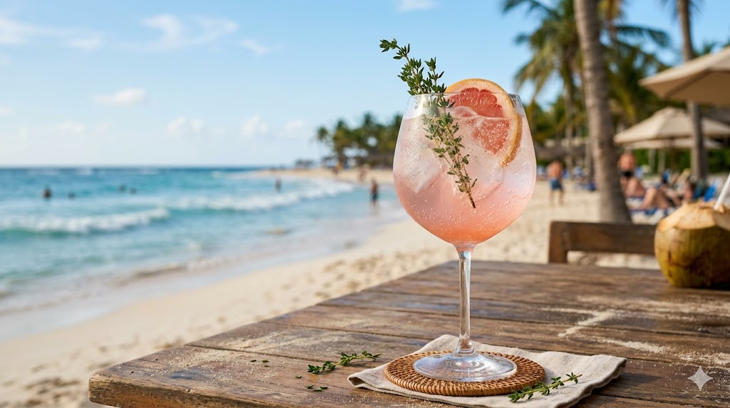 Ein Glas des Pink Grapefruit & Thymian Spritz.