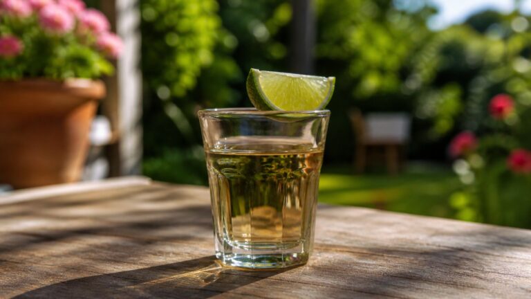 Ein Glas Tequila mit einer Limette.
