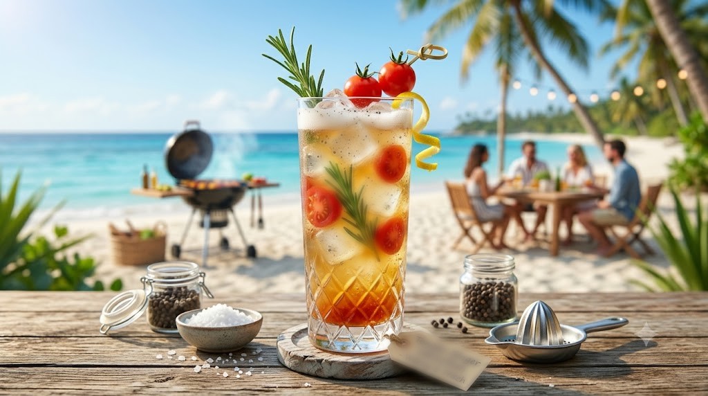 Salat im Glas? Warum herzhafte Cocktails der ultimative Grill-Begleiter 2026 sind 7 Ein Glas des Tomato Ginger alkoholfrei steht am Strand.