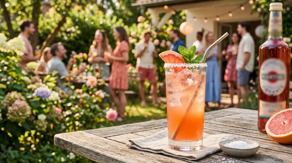 Ein Glas des alkoholfreien Italian Paloma Mocktail auf einer Gartenparty.