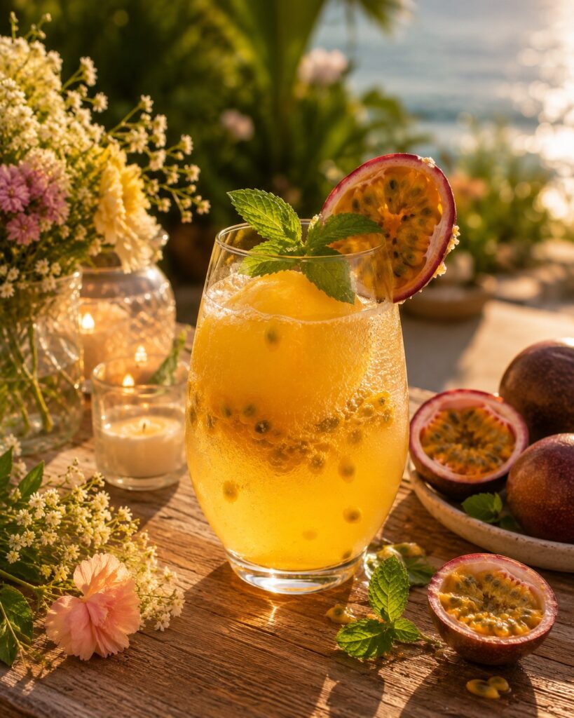Ein Glas des alkoholfreien Passionsfrucht Fizz.