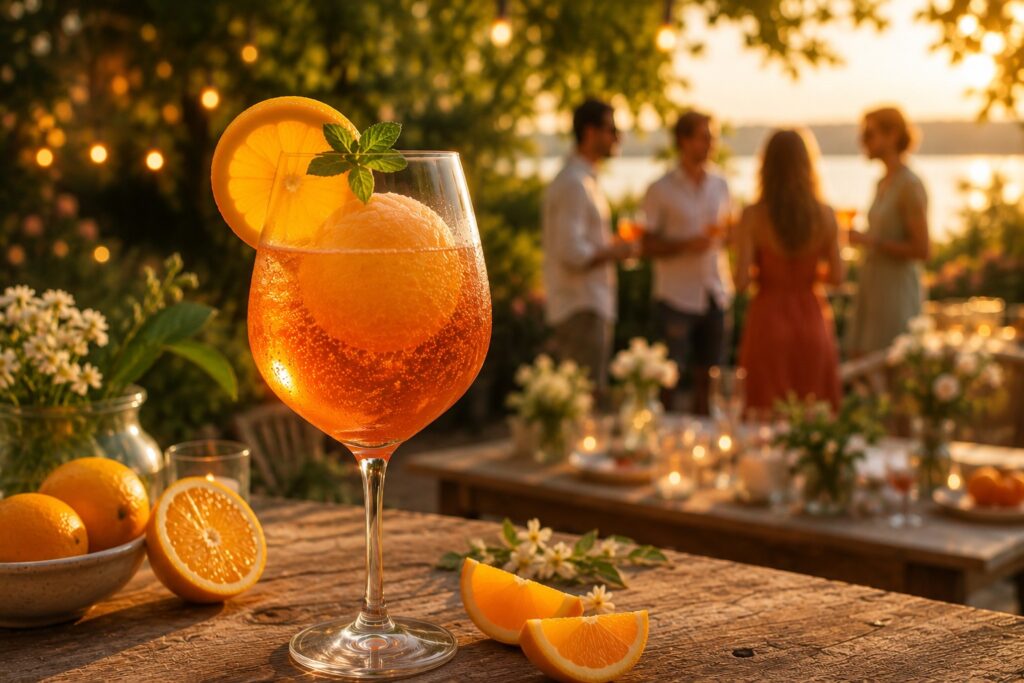 Ein Glas Aperol Spritz mit einer Kugel Orangensorbet.