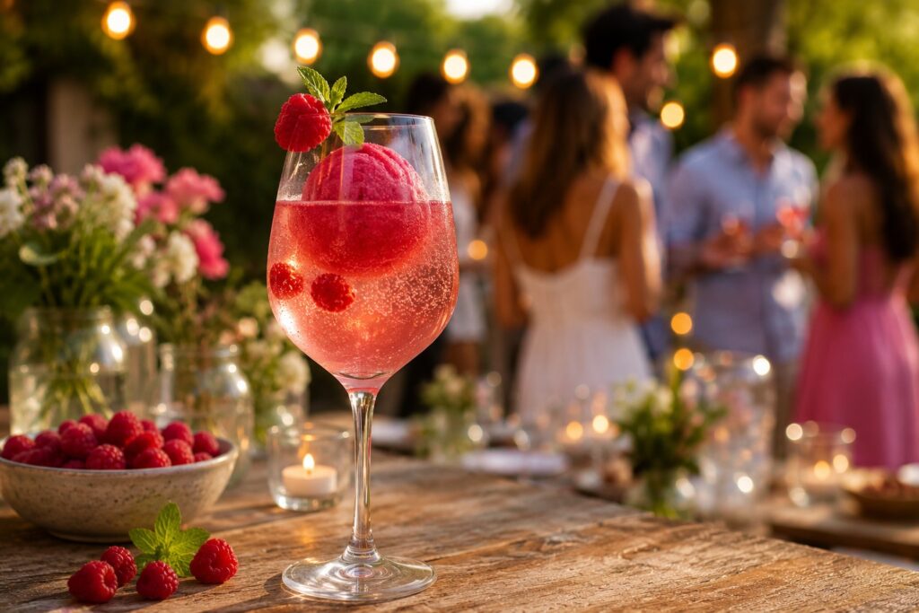 Ein Glas Berry Bellini mit Himbeersorbet.