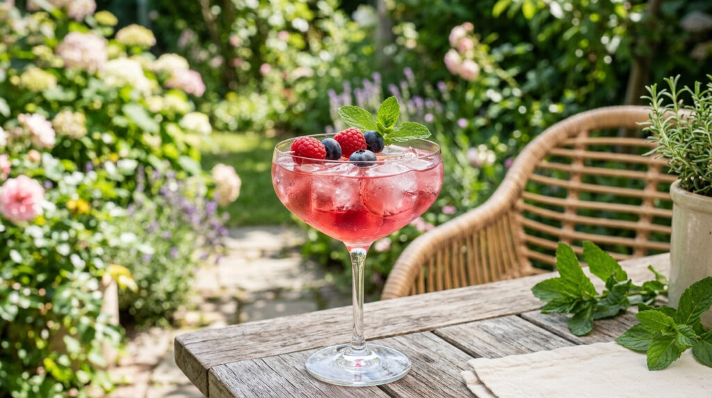 Ein Glas des Berry Pink Negroni Cocktail.