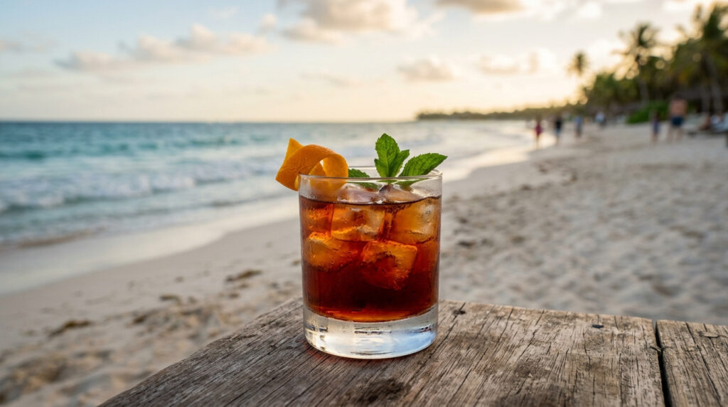 Ein Glas des Coffee Negroni steht am Strand.