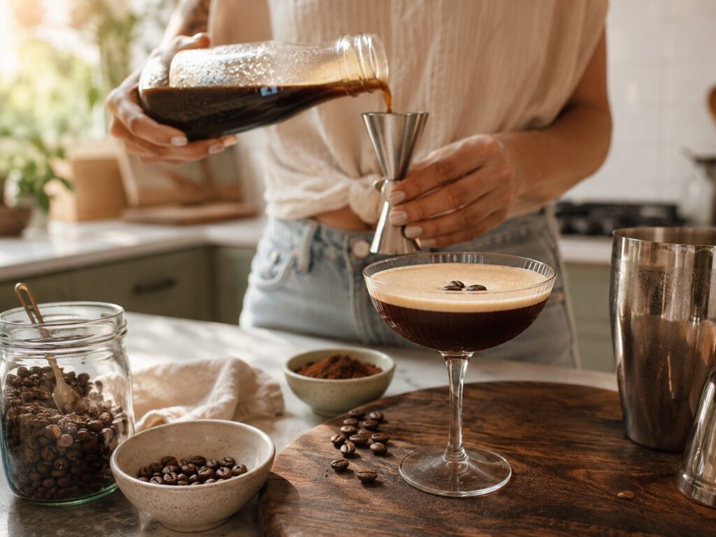 Eine Frau bereitet gerade den Cold Brew Espresso Martini Batch-Cocktail vor.