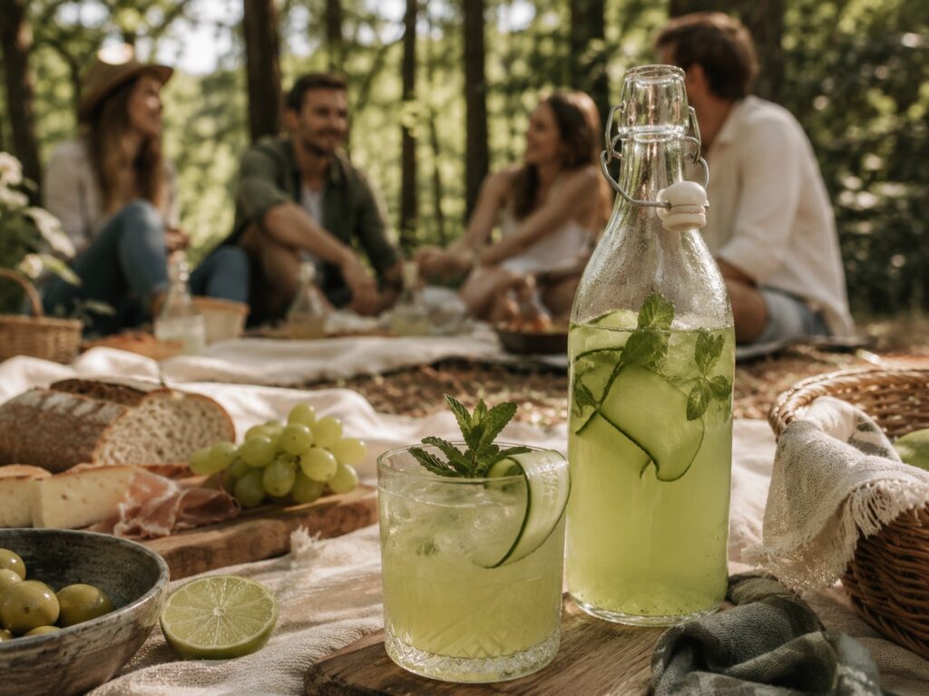 Eine Flasche mit em selbstgemachten Batch Cocktail Cucumber Gin Cooler steht auf einer Picknickdecke im Wald.