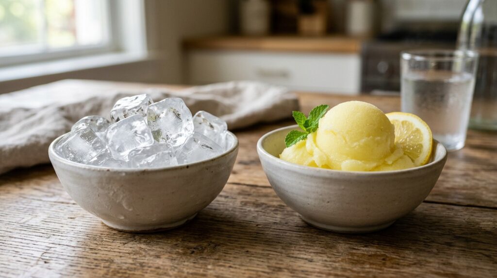 Links eine Schale mit Eiswürfeln und rechts eine Schale mit Zitronensorbet.