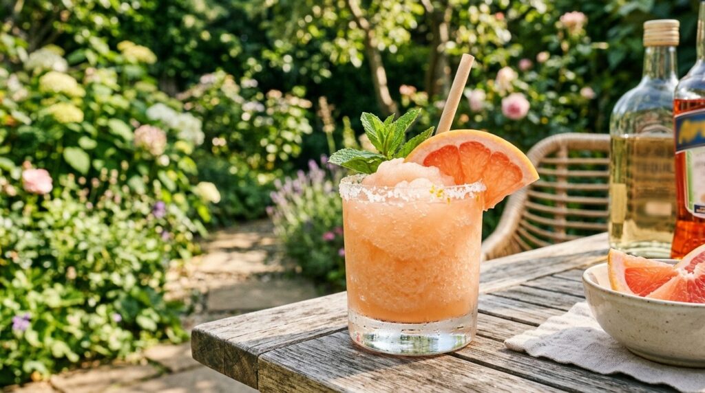Ein Glas der Frozen Italian Paloma steht im Garten.