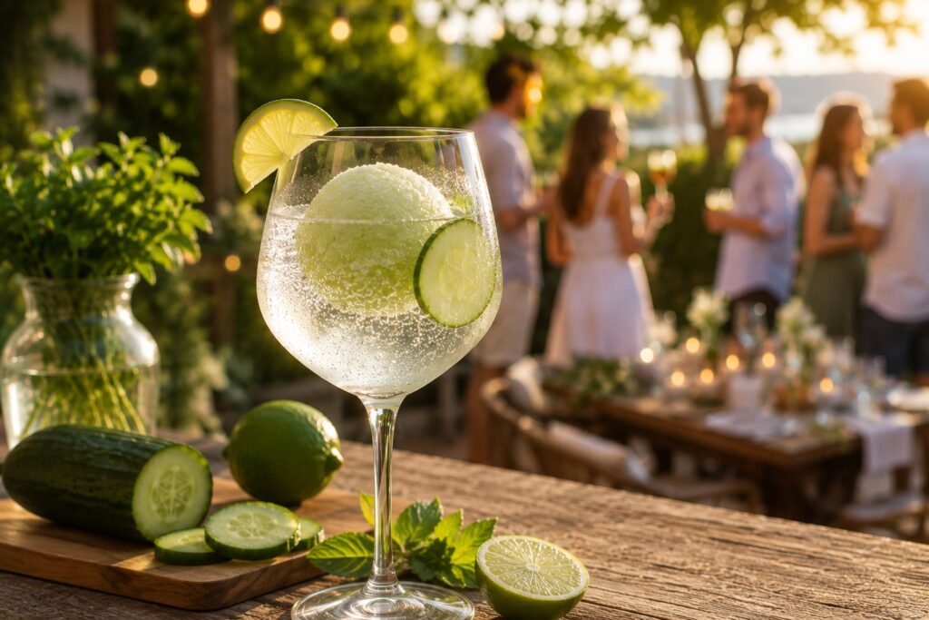 Ein Glas Gin Tonic mit Gurken-Limetten-Sorbet.