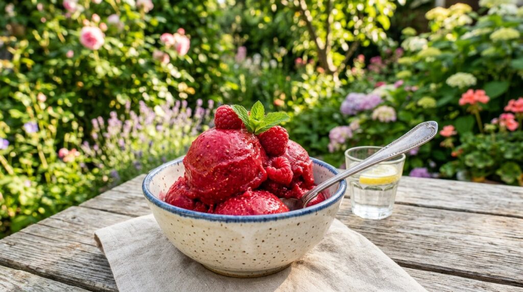 Eine Schale mit Himbeersorbet.
