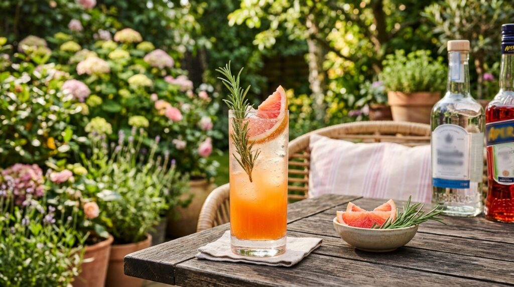 Ein Glas der Aperol Italian Paloma steht im Garten.