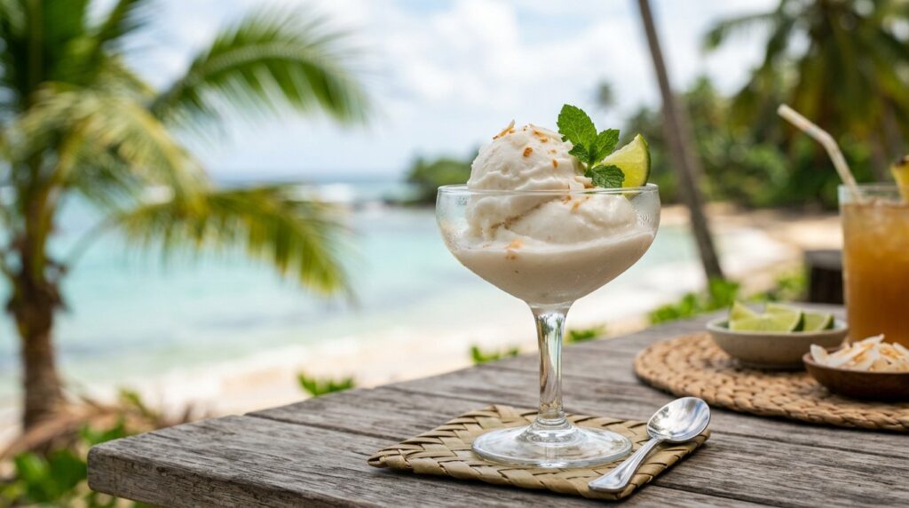 Ein Glas Kokossorbet am Strand.