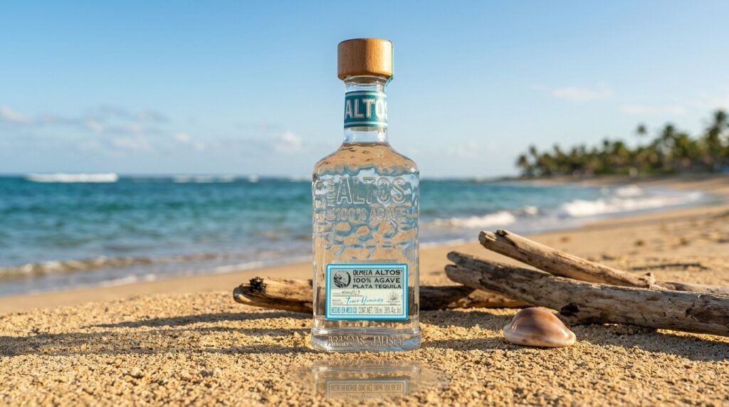 Eine Flasche Olmeca Altos Plata Tequila steht am Strand.