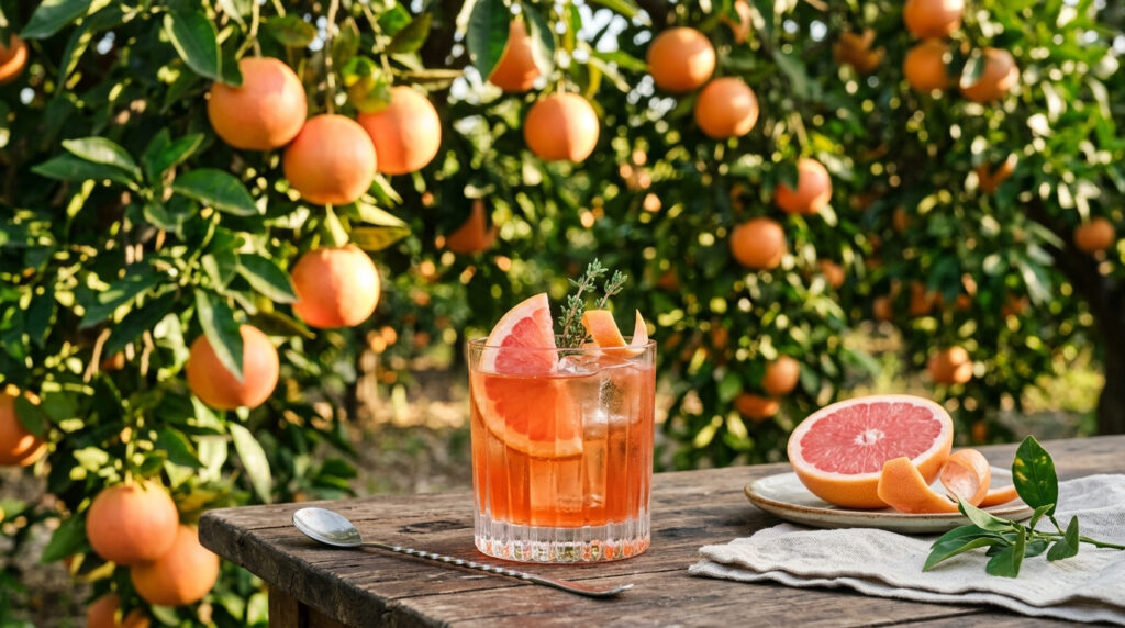 Ein Glas des Pink Grapefruit Negroni Cocktail.