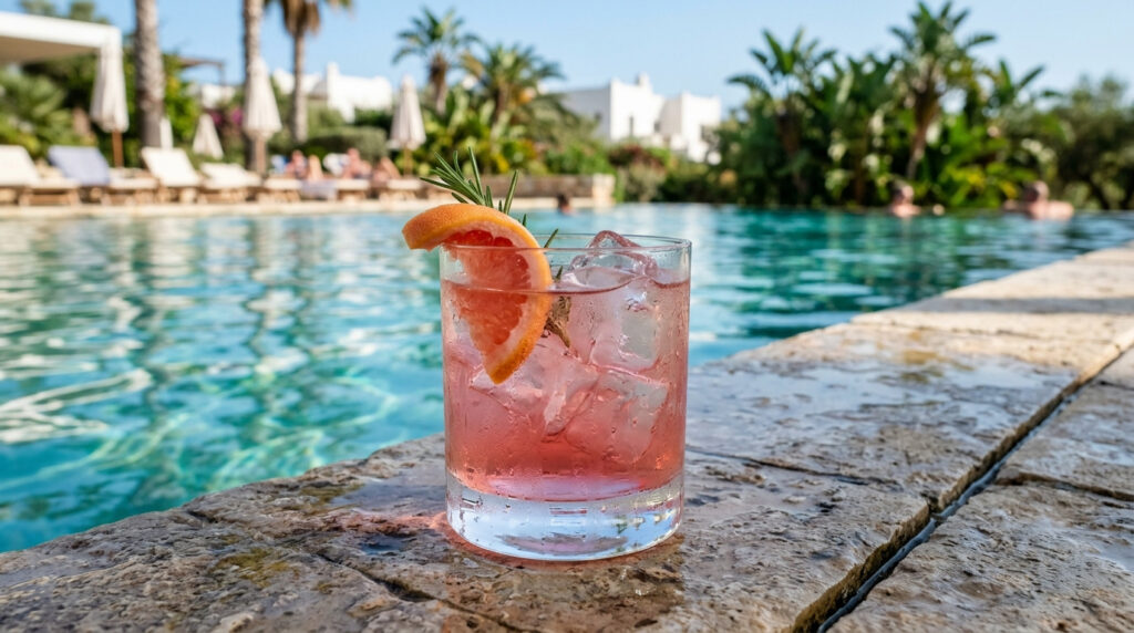 Ein Glas Pink Negroni am Pool.